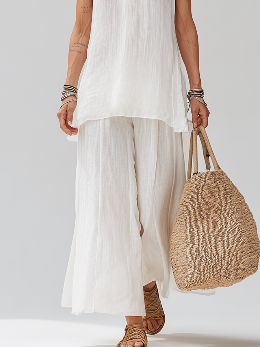 Chelsea Monroe ™ | White Sleeveless Linen Top And Wide-leg Pants Suit