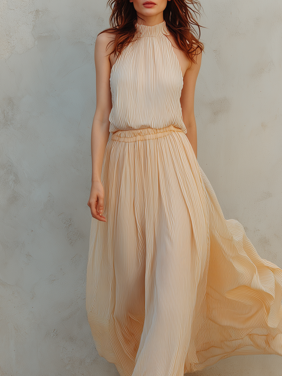 Chelsea Monroe ™ | Cream Yellow Striped Halter Top And Skirt Set