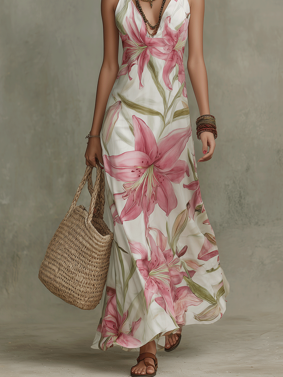 Elegant Boho Backless Floral Flowing Maxi Dress