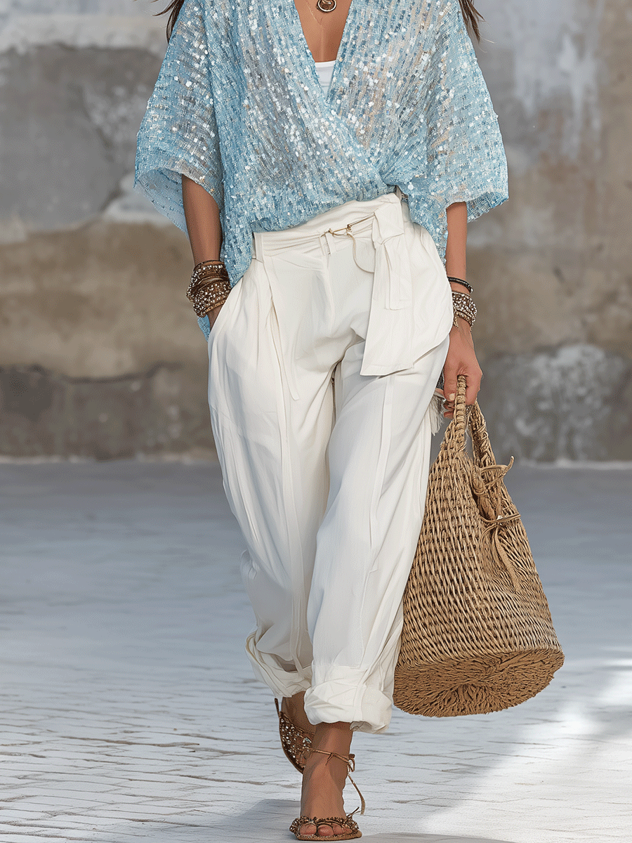 Chelsea Monroe ™ | Chic Boho Light Blue Sequin Top With Relaxed White Tie-Waist Pants