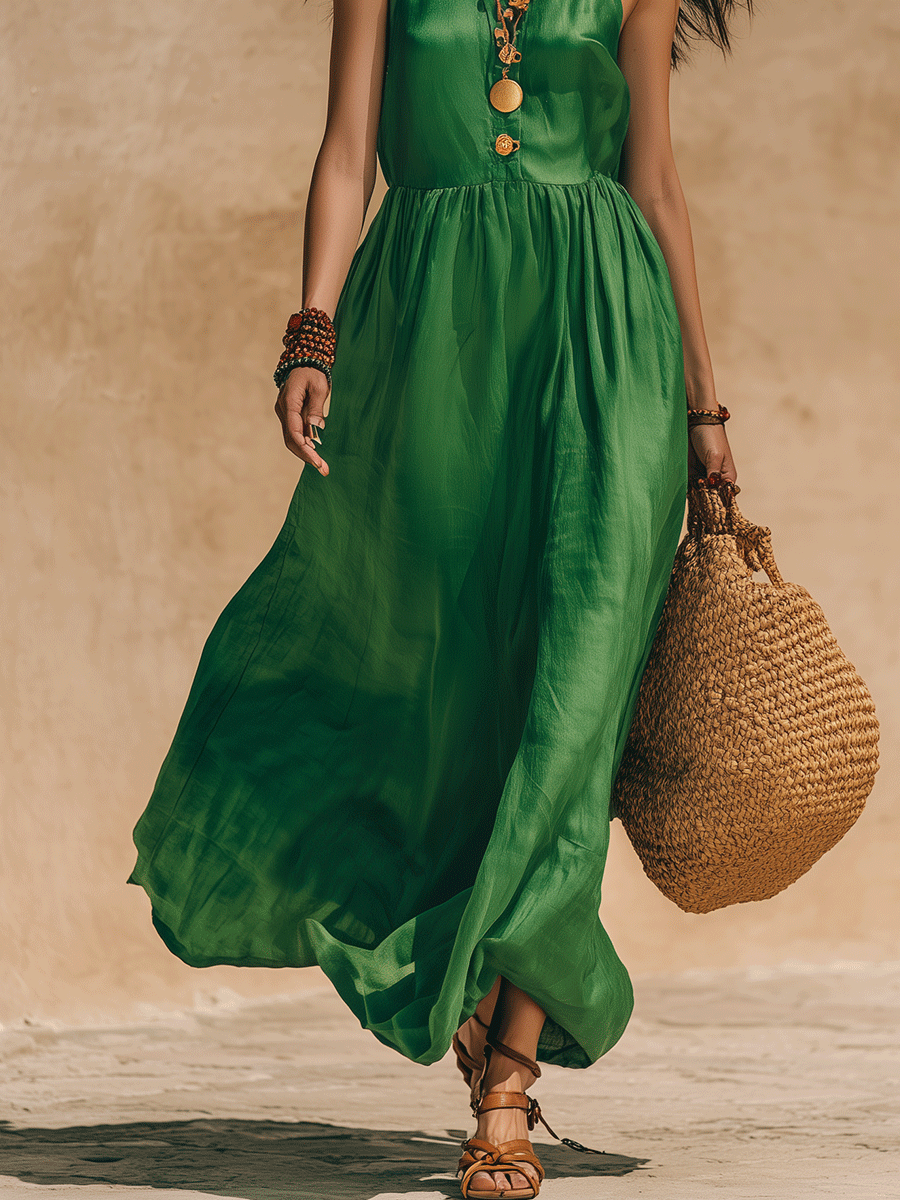 Effortless Boho Emerald Green Halter Maxi Dress