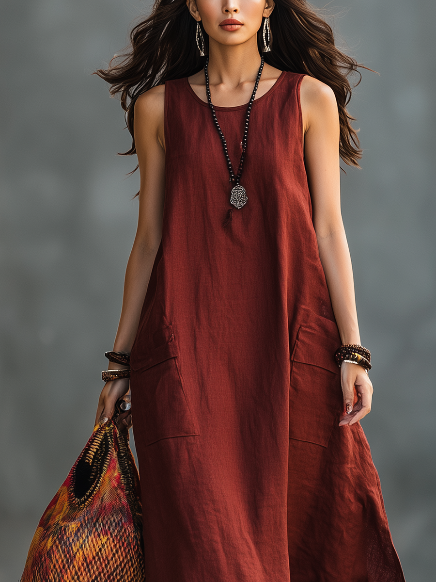 Resort Style Red Linen Sleeveless Long Dress