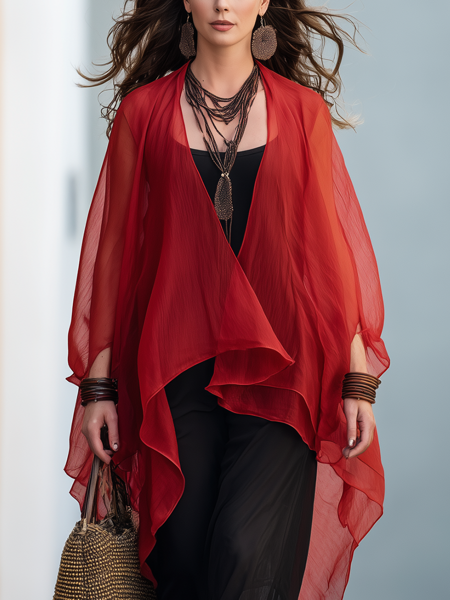 Chelsea Monroe ™ | Resort-style Red Chiffon Cardigan And Black Slip Dress Set