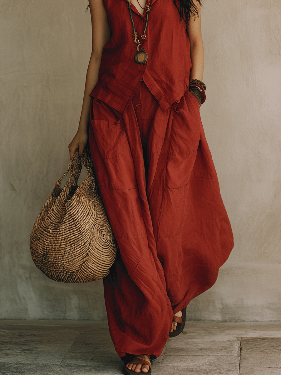 Chelsea Monroe ™ | Effortless Bohemian Loose Fit Terracotta Red Top And Trousers