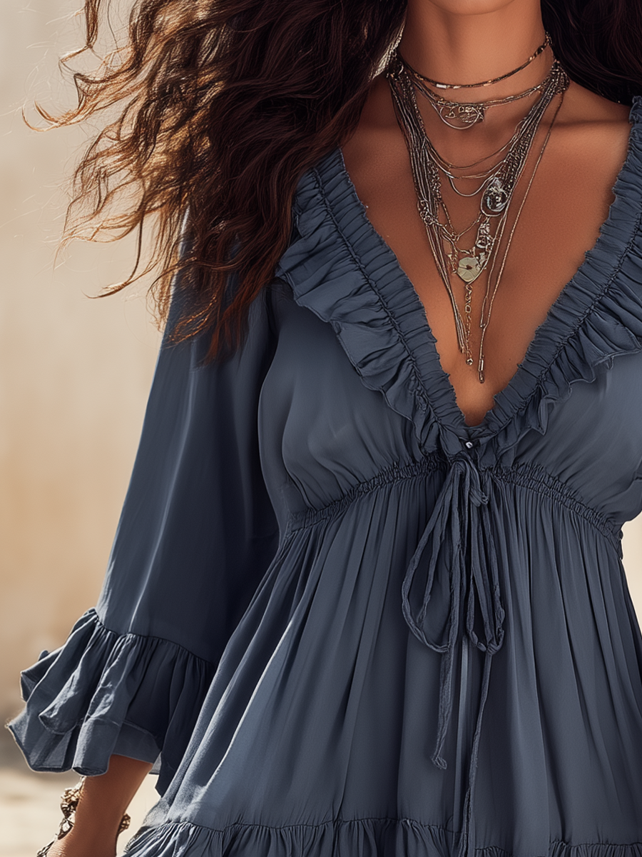 Bohemian Slate Blue Ruffle Trim Mini Dress
