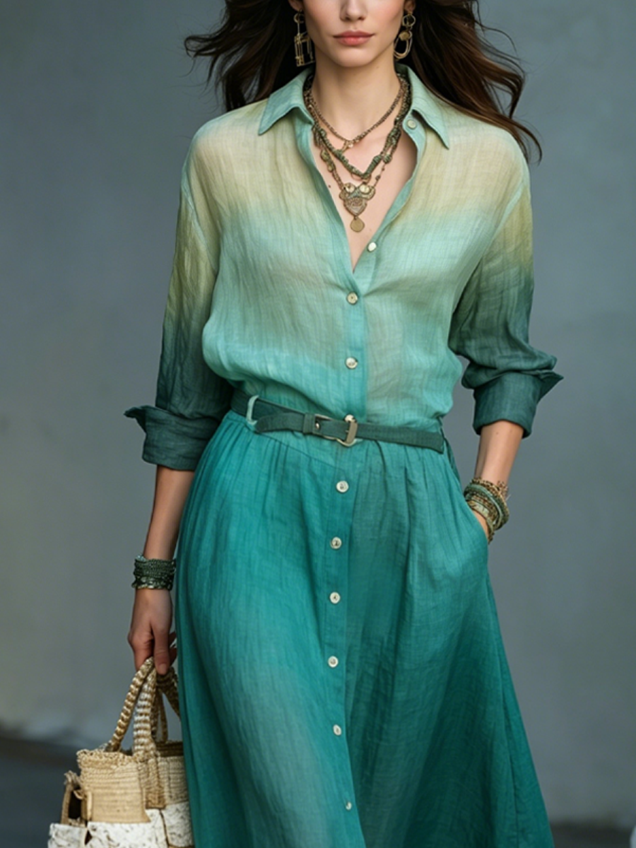 Bohemian Teal Ombre Shirt Midi Dress