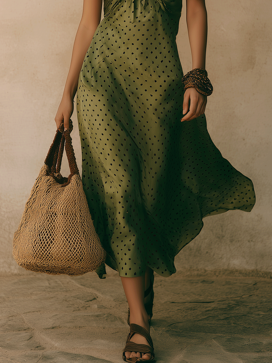 Chic Olive Green Boho Polka Dot Halter Neck Draped Flowy Midi Dress