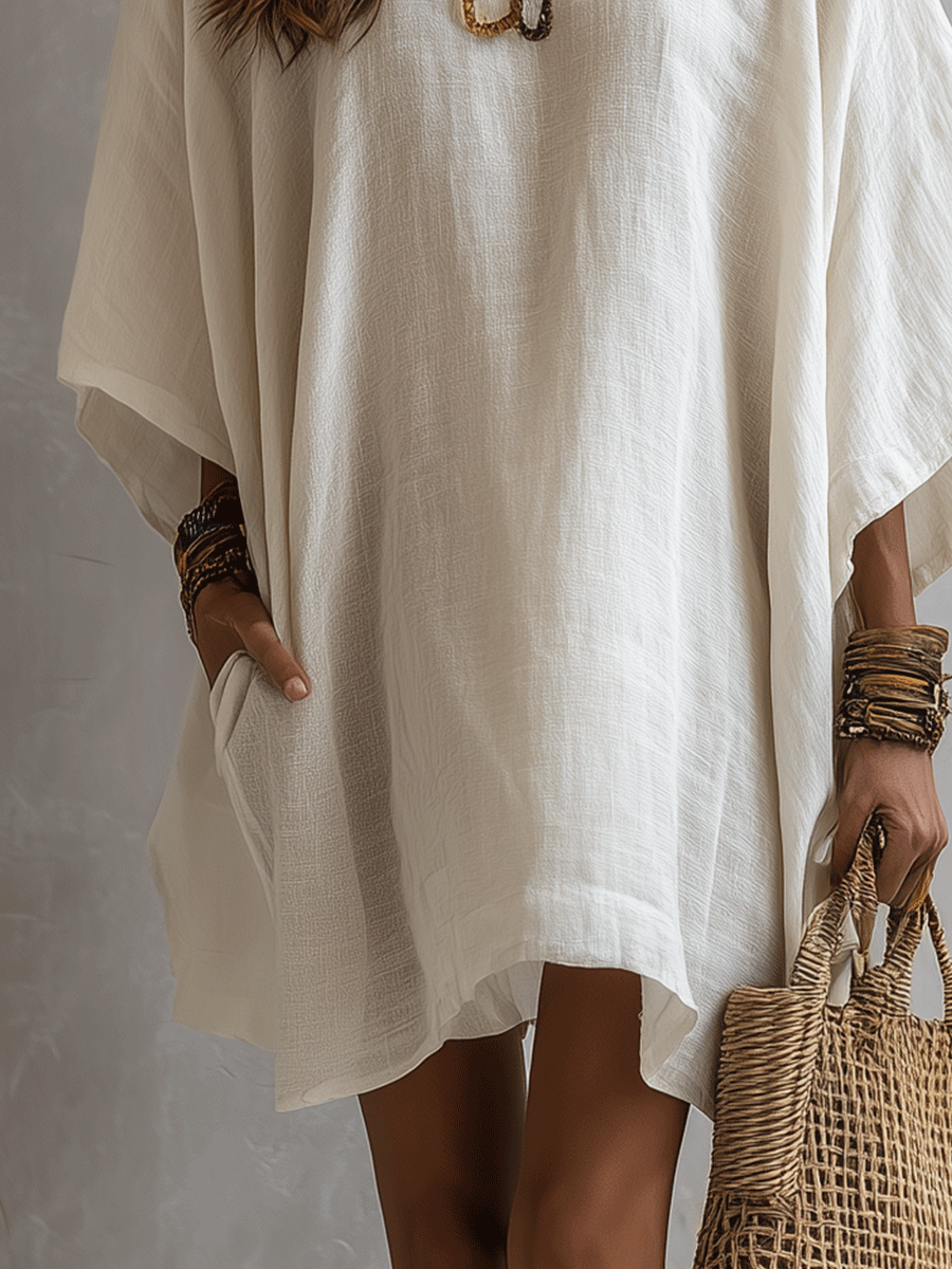 Minimalist Boho Ivory Soft Linen Feel Relaxed Silhouette Casual Mini Dress