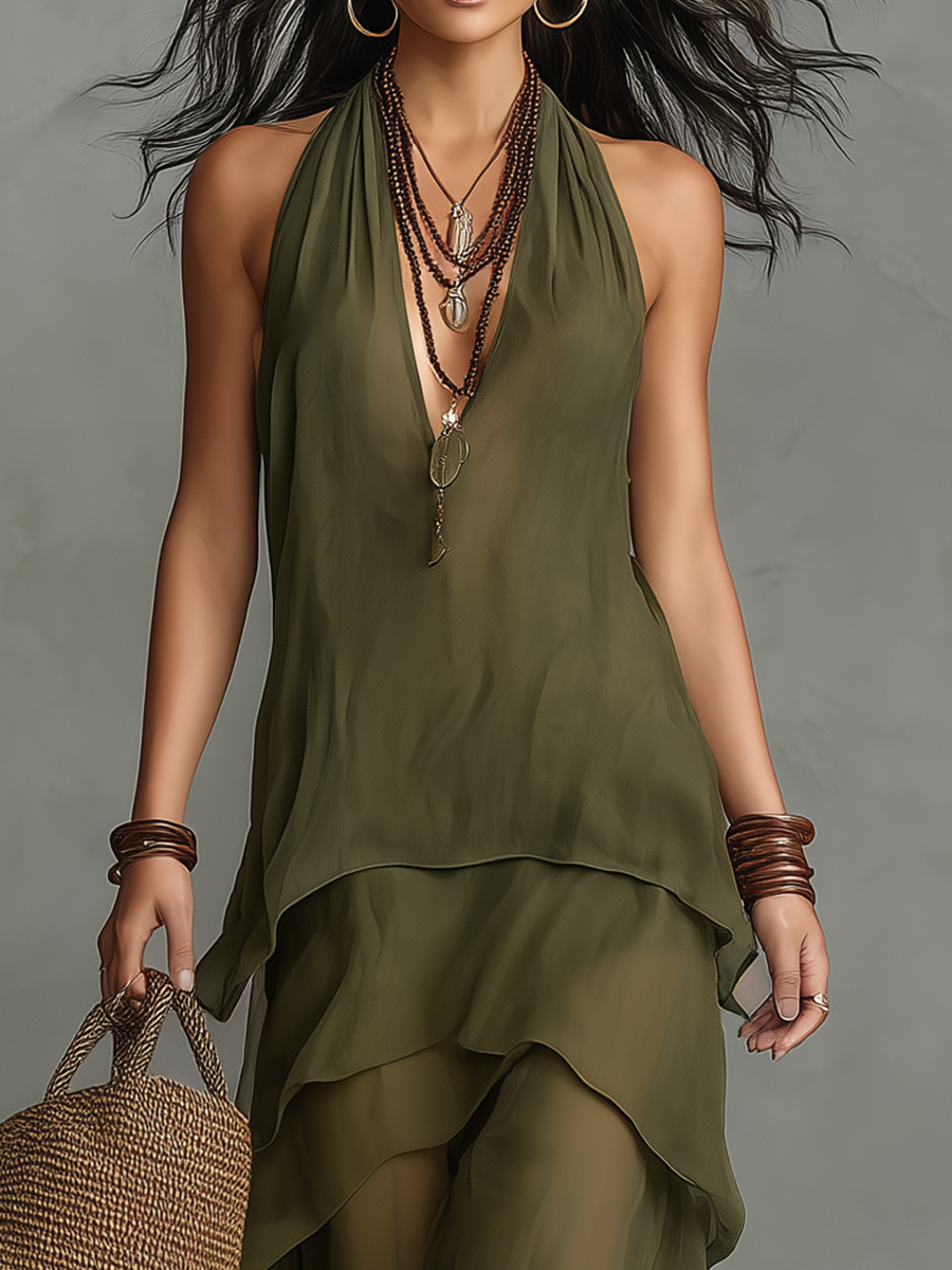 Elegant Moss Green Layered Halter Maxi Dress