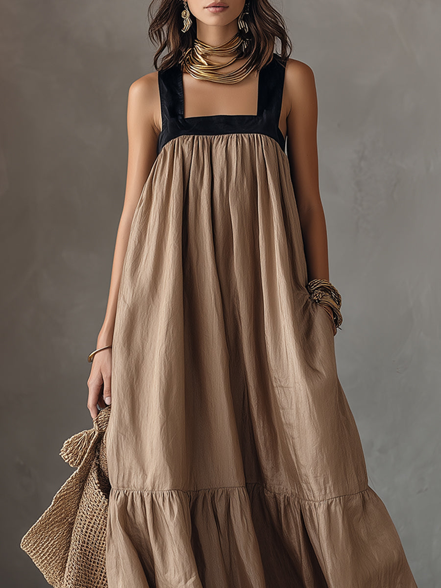 Retro Color-Block Tencel Maxi Dress With Ruffled Hem