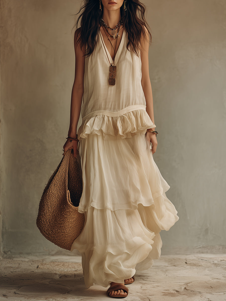 Romantic Boho Ruffled-Hem Chiffon Maxi Dress