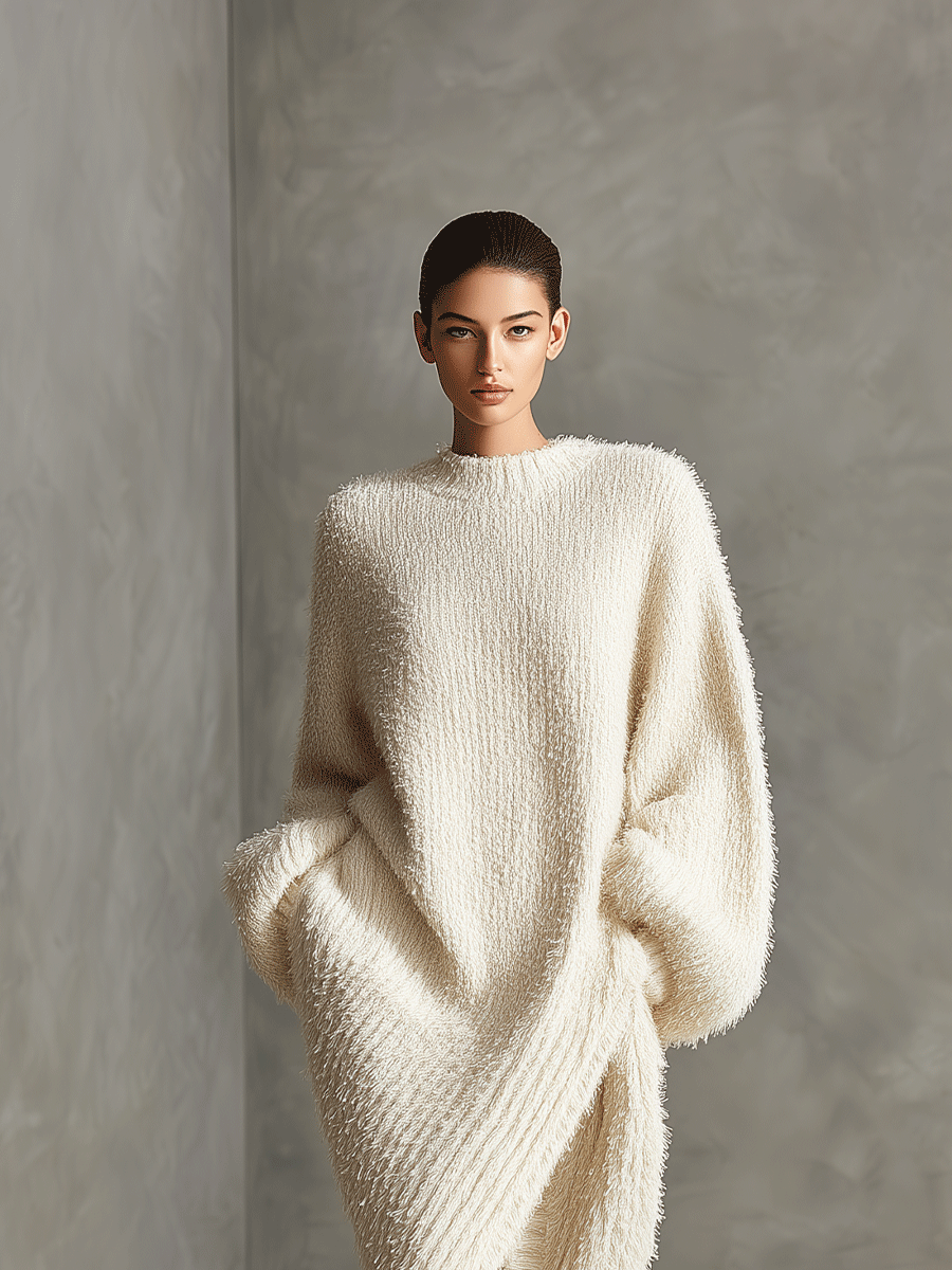 Women's Cream Elegant Faux Mink Knit Asymmetric Slit Midi Dress MDA0245I2I