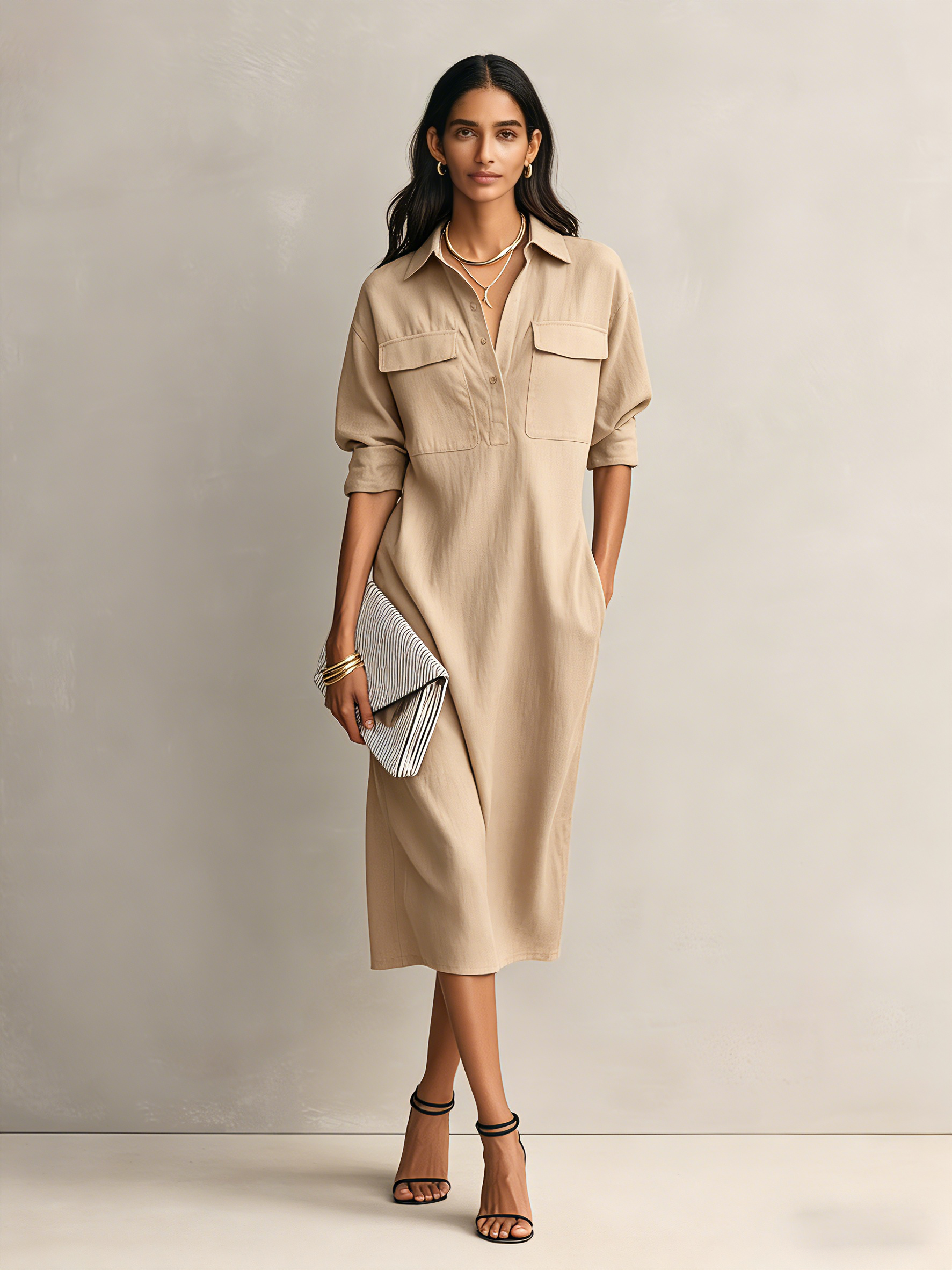 Women's Elegant Black Cotton-linen Blend Shirt Collar Short-sleeved Midi Dress MDZ0455C2AN