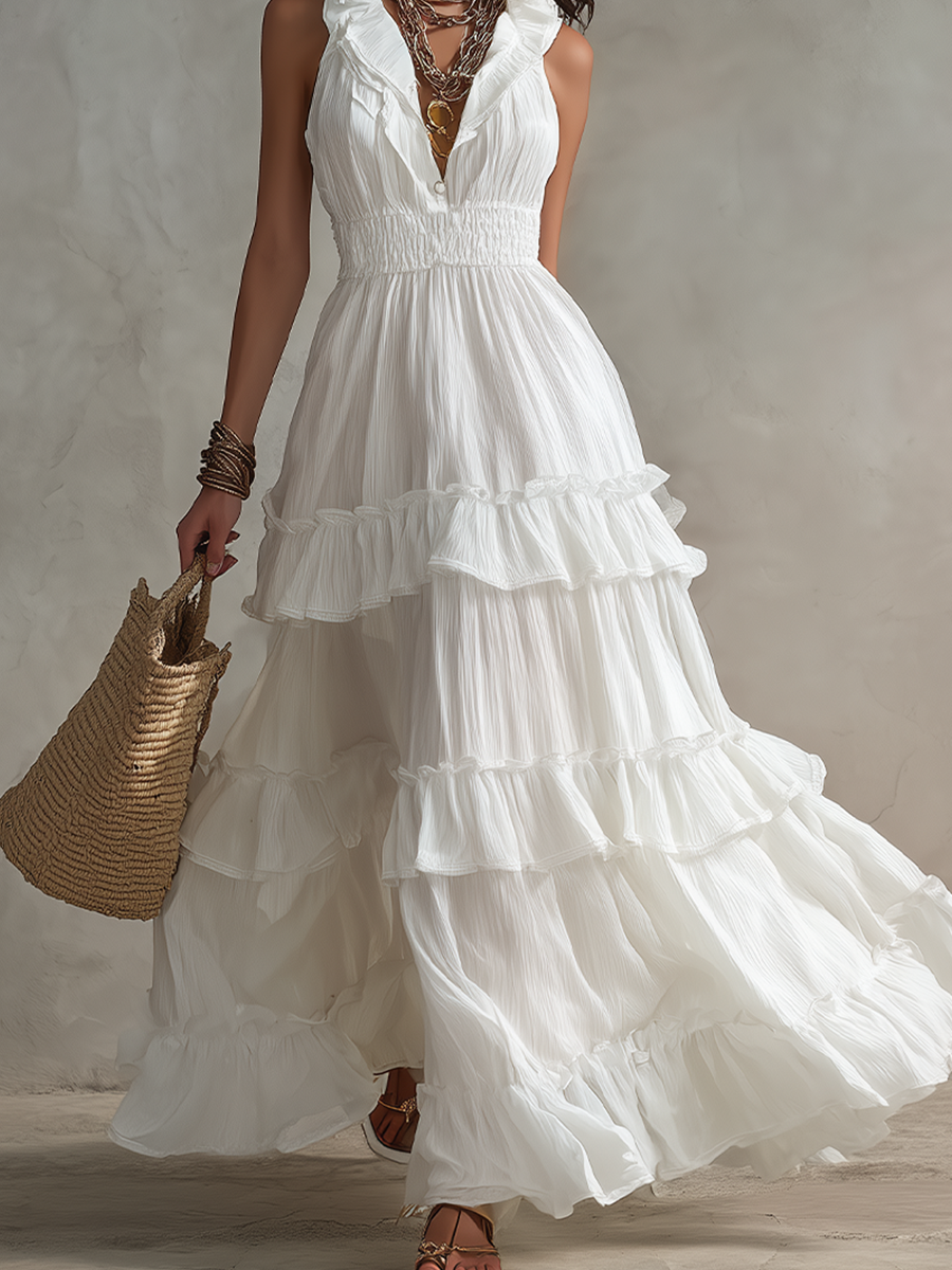 White Sleeveless Pleated Ruffled Details Bohemian Long Dress