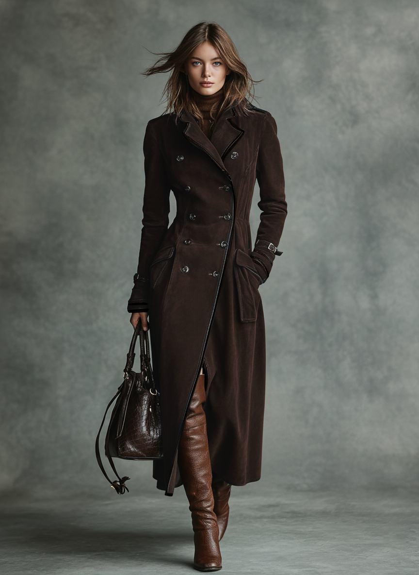 Women's Suede Trim Double-breasted Lapel Long Coat MDA2580H6Y