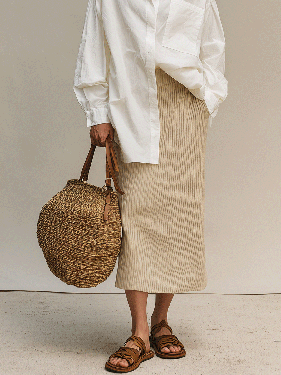 Chelsea Monroe ™ | Bohemian White shirt & doft ribbed midi skirt set