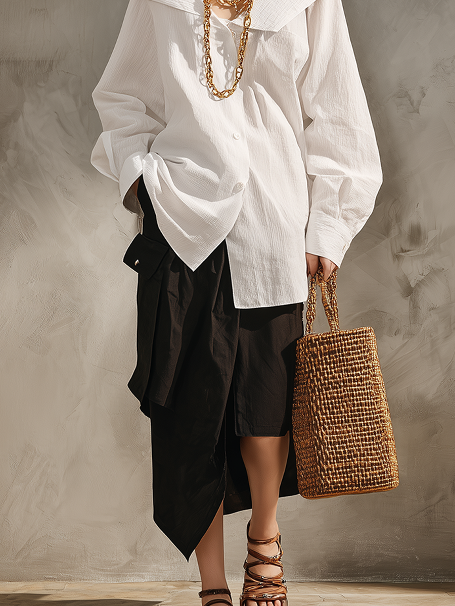 Chelsea Monroe ™ | Effortless Minimalist White Shirt Black Midi Skirt