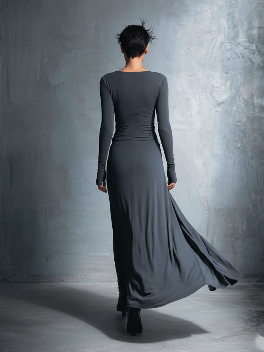 Women's Gray Exquisite Stretch Blended Fabric Wrap Dress - Knotted Maxi Dress MDA1401H9I
