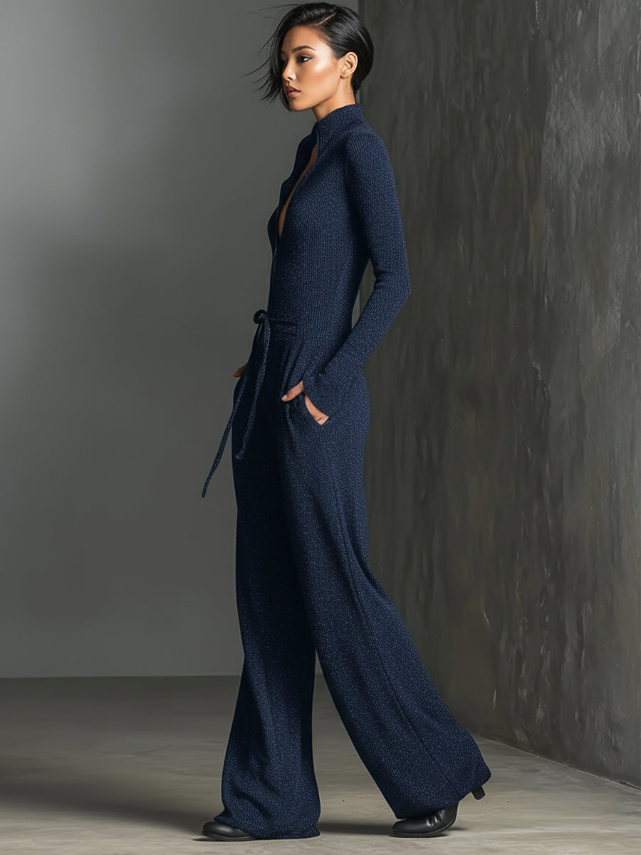 Women's Elegant Knit Sparkling Zipper Front Jumpsuit MDA2560G5I