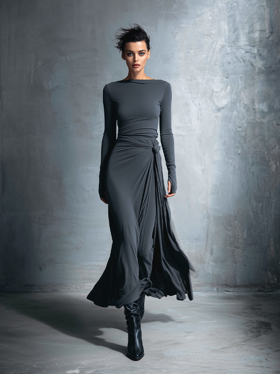 Women's Gray Exquisite Stretch Blended Fabric Wrap Dress - Knotted Maxi Dress MDA1401H9I