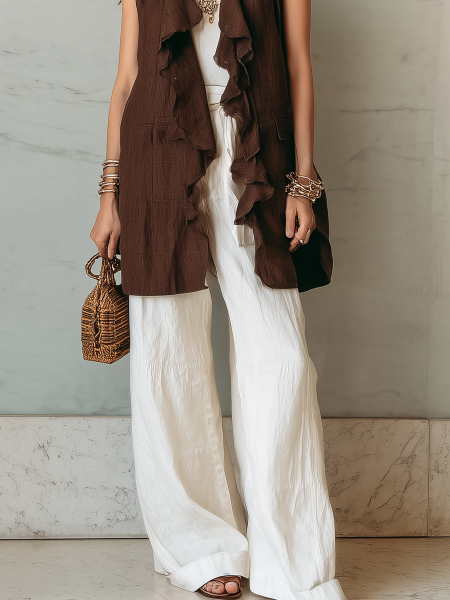 Chelsea Monroe ™ | Bohemian Style Brown Sleeveless Vest With Ruffled Details White Linen Wide Leg Pants Set