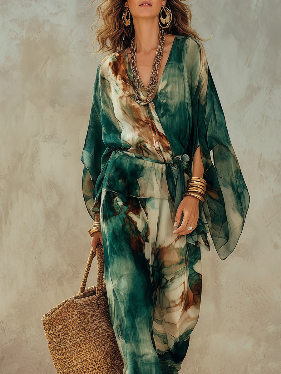 Chelsea Monroe ™ | Bohemian Green Tie-dye Batwing Sleeve Top And Pants Set