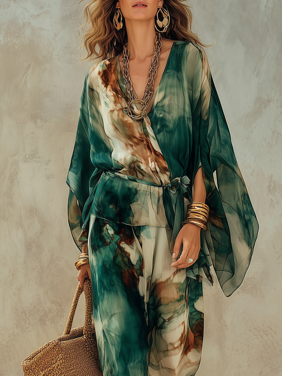 Chelsea Monroe ™ | Bohemian Green Tie-dye Batwing Sleeve Top And Pants Set