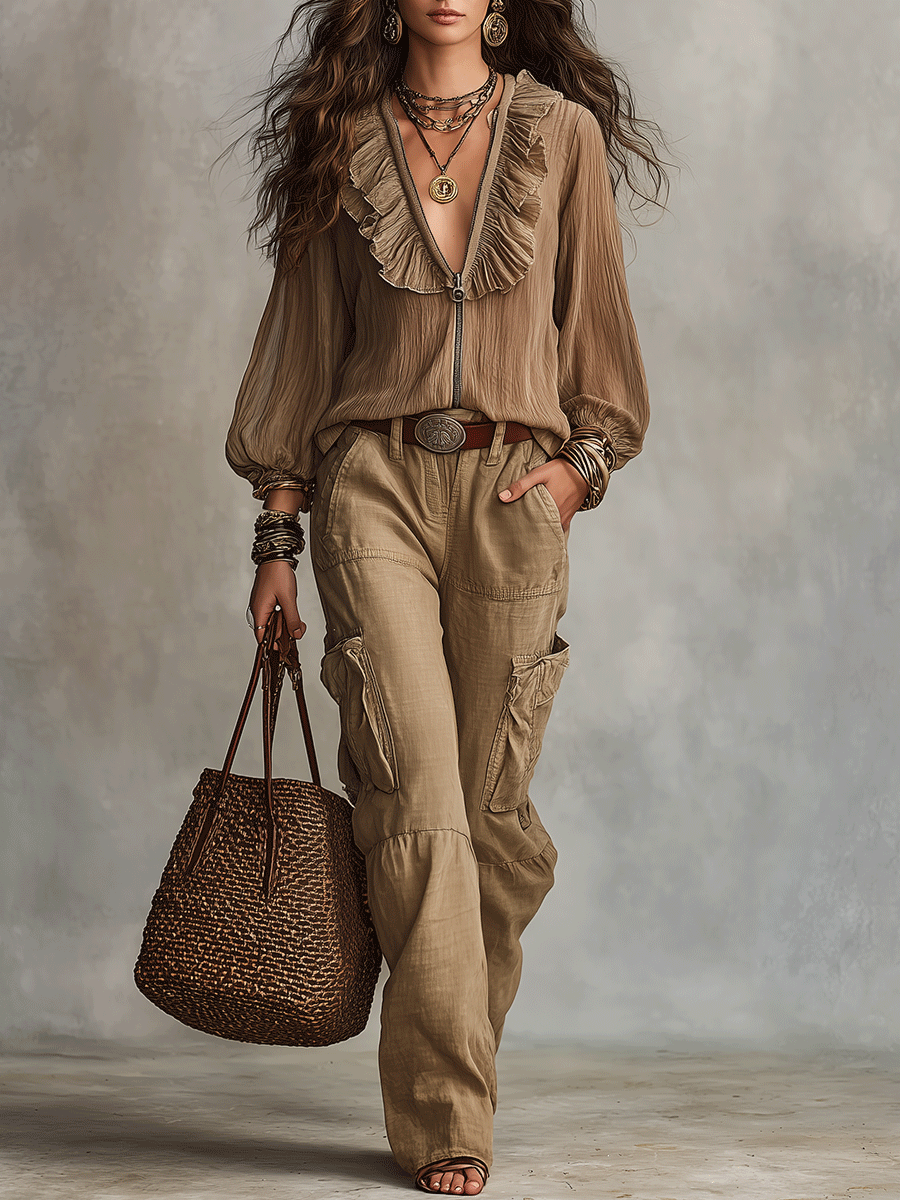 Soft Bohemian Ruffle Warm Brown With Relaxed Fit Blouse
