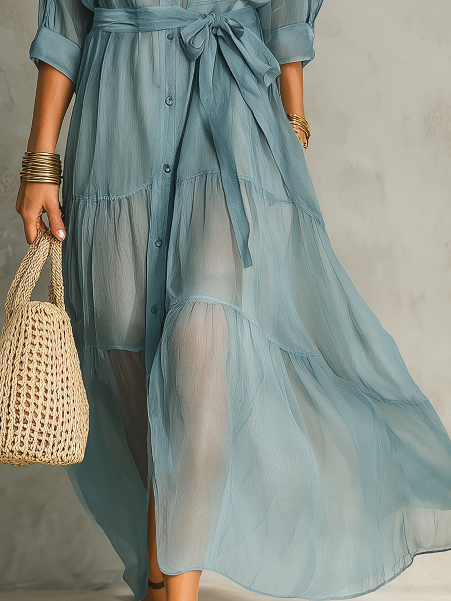 Flowing Sheer Belted Maxi Dress