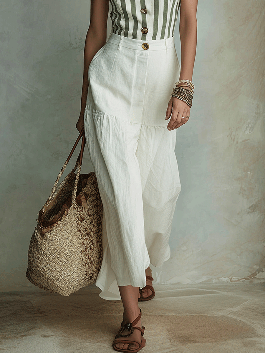 Chelsea Monroe ™ | Effortless Boho Striped Strapless Top & White Maxi Skirt Set