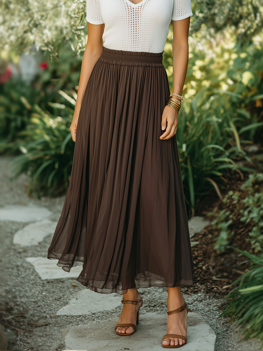 Chelsea Monroe ™ | Elegant Brown & Ivory Knit Top & Pleated Maxi Skirt Set