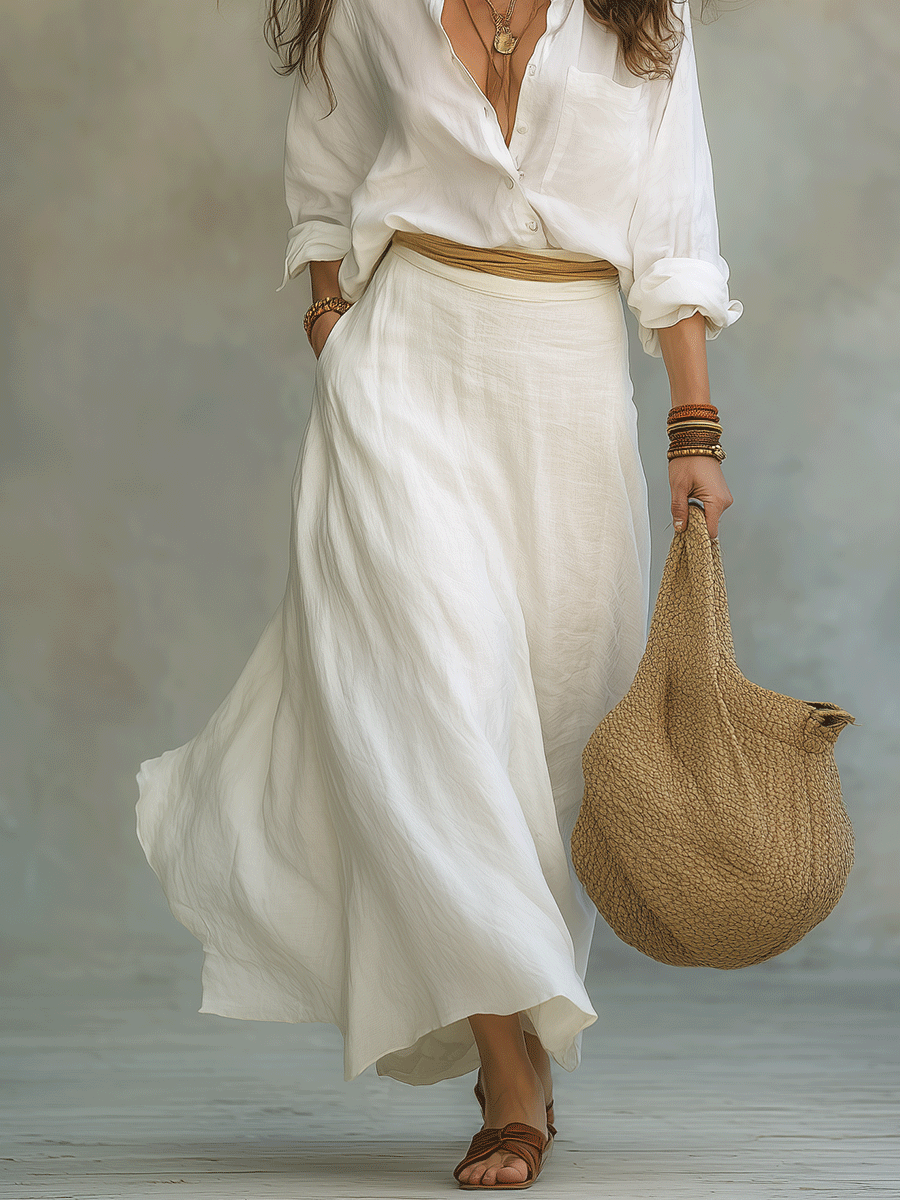 Chelsea Monroe ™ | Effortless Boho White Linen Shirt & Maxi Skirt Set