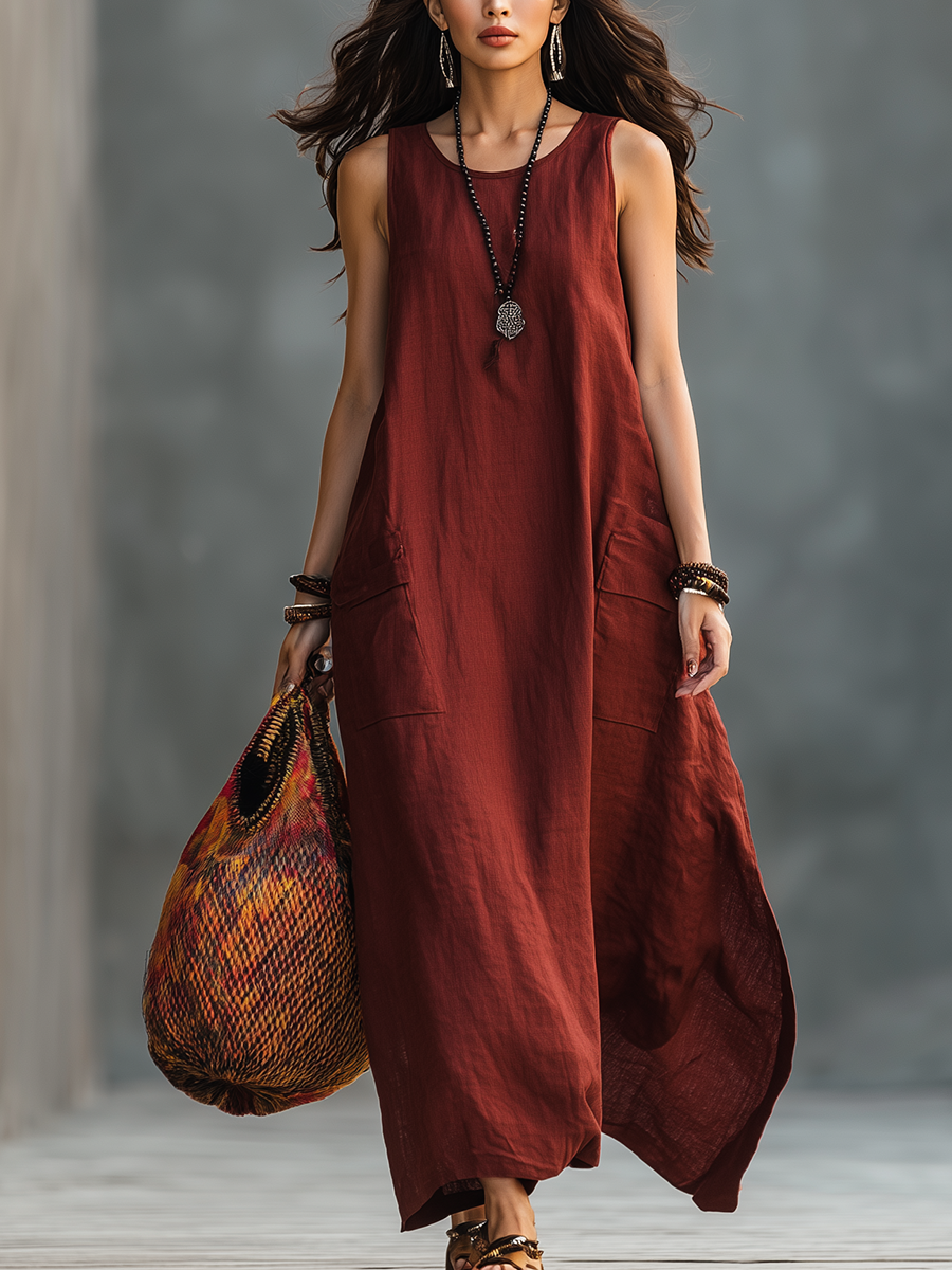 Resort Style Red Linen Sleeveless Long Dress