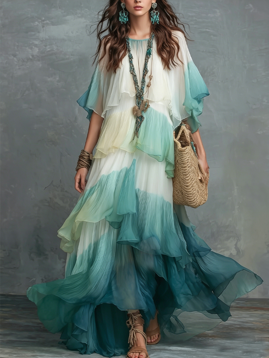 Resort-style Gradient Blue And White Chiffon Ruffled Maxi Dress
