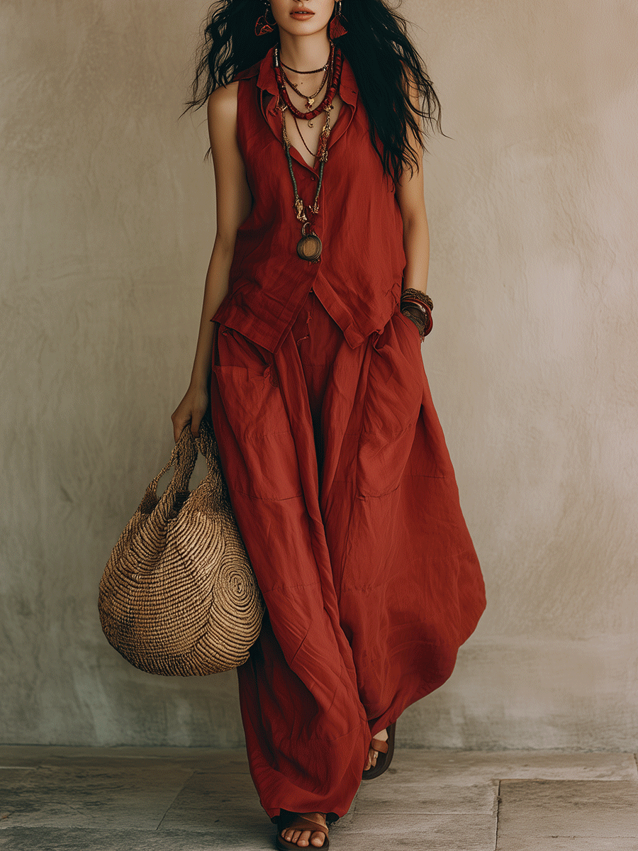 Chelsea Monroe ™ | Effortless Bohemian Loose Fit Terracotta Red Top And Trousers