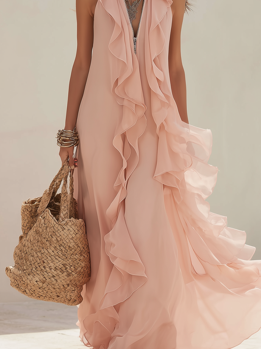 Resort-style Nude Pink Chiffon Ruffle Halter Neck Maxi Dress