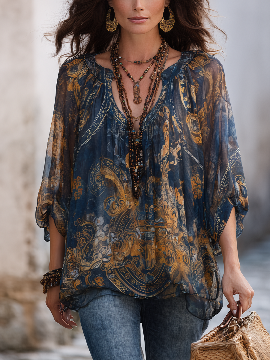 Retro Navy Blue Tulle Baroque Print Short-sleeved Top