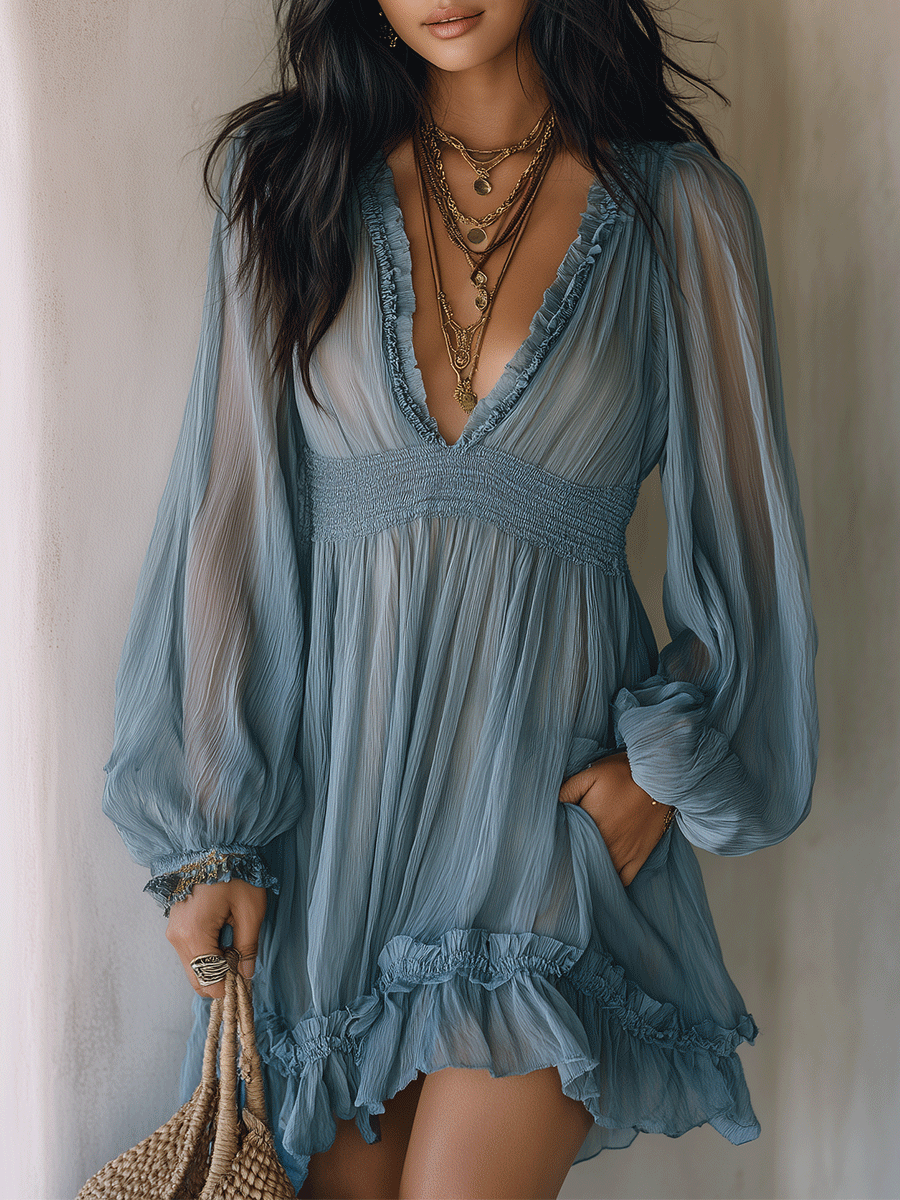Romantic Bohemian Soft Drape Airy Fabric Statement Mini Dress
