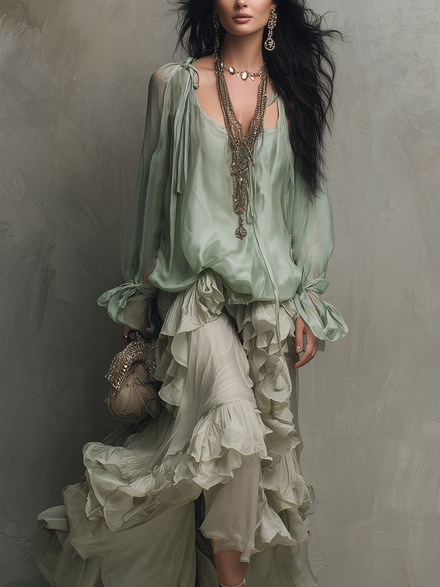 Bohemian Mint Chiffon Ruffle Blouse With Layered Skirt