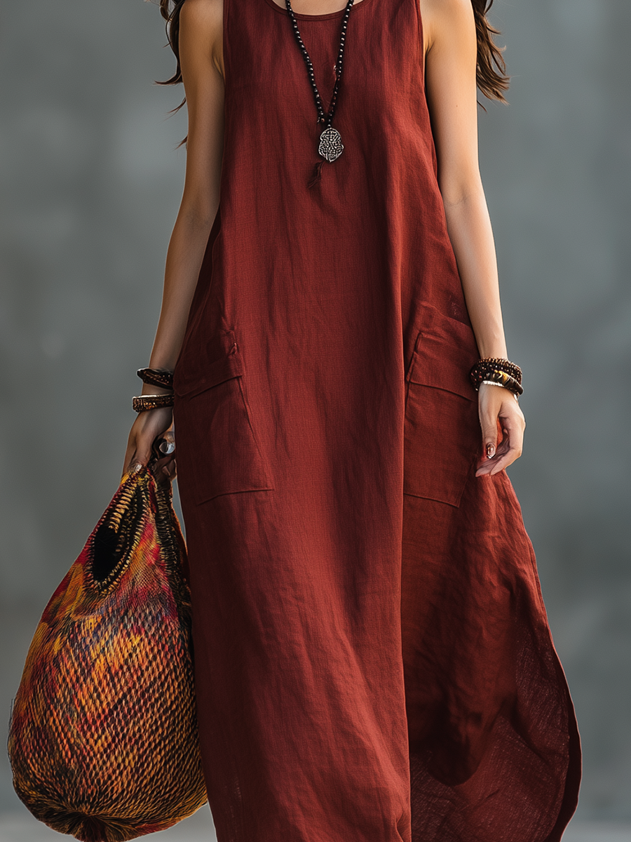 Resort Style Red Linen Sleeveless Long Dress