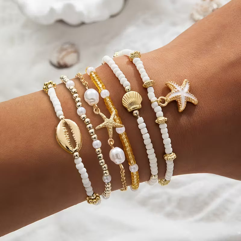 CORALIA | COASTAL GOLD & PEARL BRACELET SET OF 6