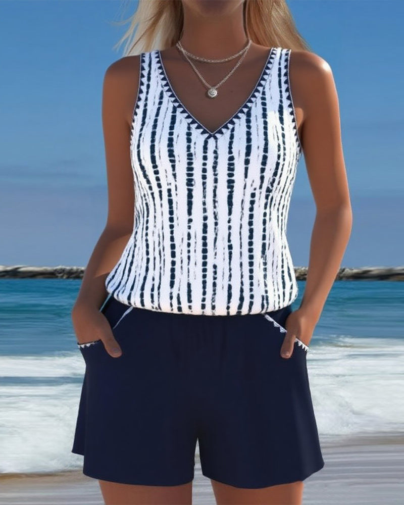 Mia | Casual Two Piece Printed V-Neck Swimsuit with Pockets