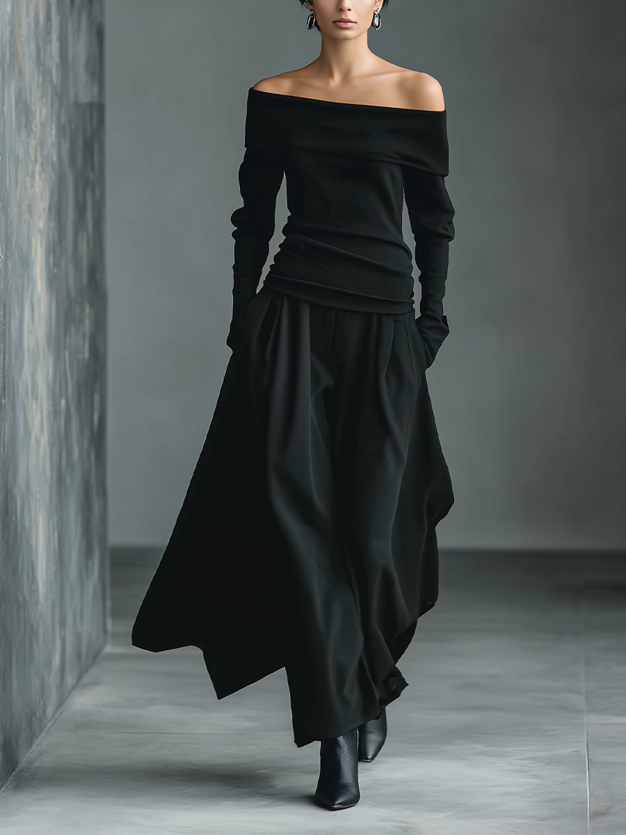 Women's Black Knit Off-Shoulder Fitted Top And Woven Fabric Skirt Set MDA1430K2T