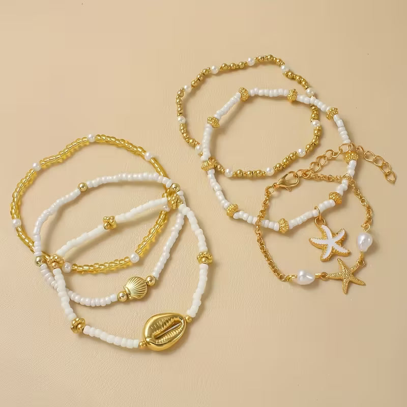 CORALIA | COASTAL GOLD & PEARL BRACELET SET OF 6