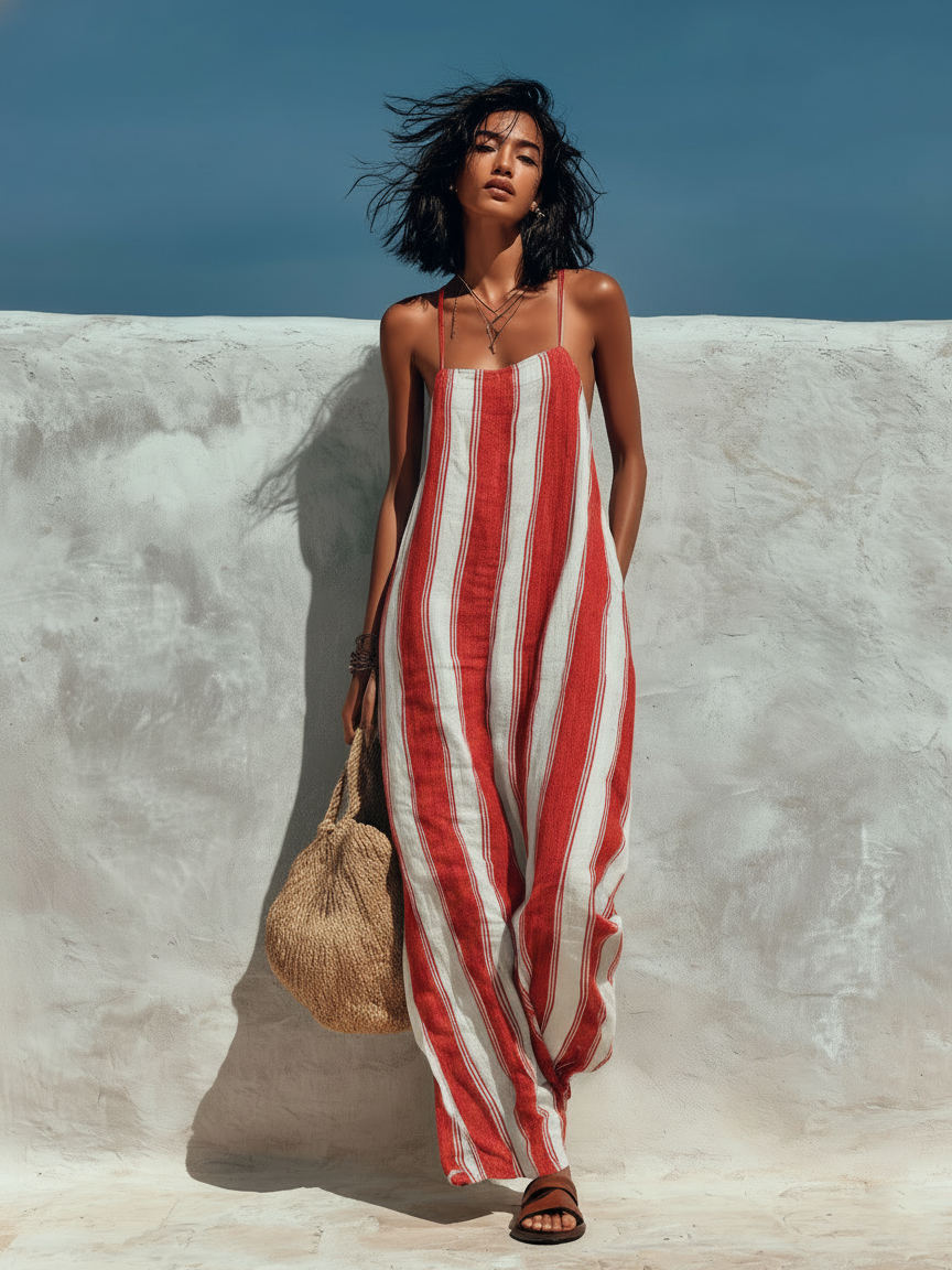 Women's Minimalist Vacation-style Striped Printed Suspender Jumpsuit MDZ1085B0Y