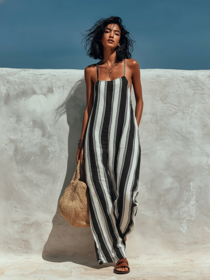 Women's Minimalist Vacation-style Striped Printed Suspender Jumpsuit MDZ1085B0Y