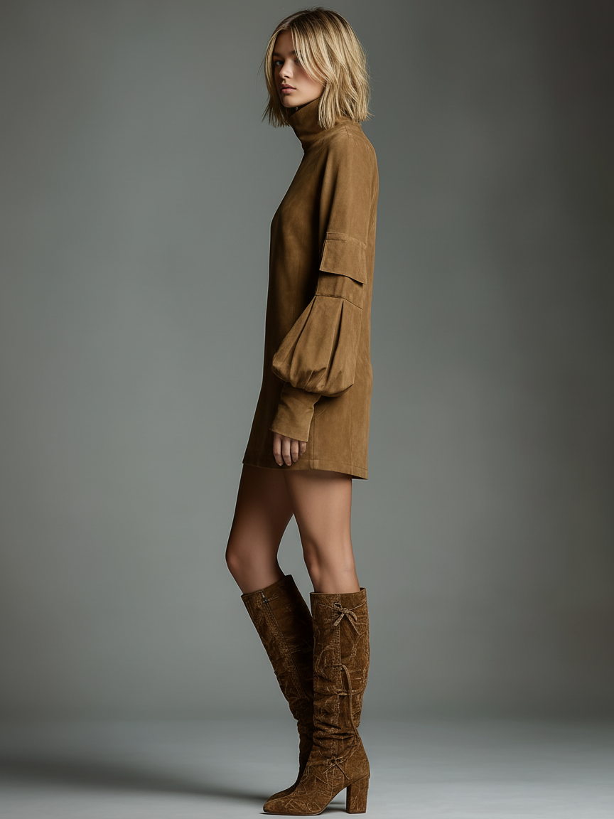 Women's Vintage Loose Suede Turtleneck Mini Dress MDA1693H3Y