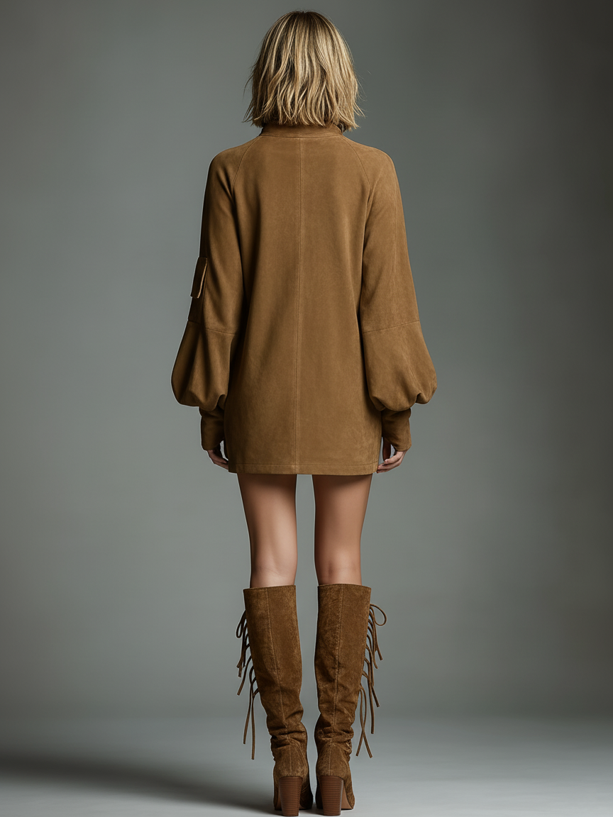 Women's Vintage Loose Suede Turtleneck Mini Dress MDA1693H3Y