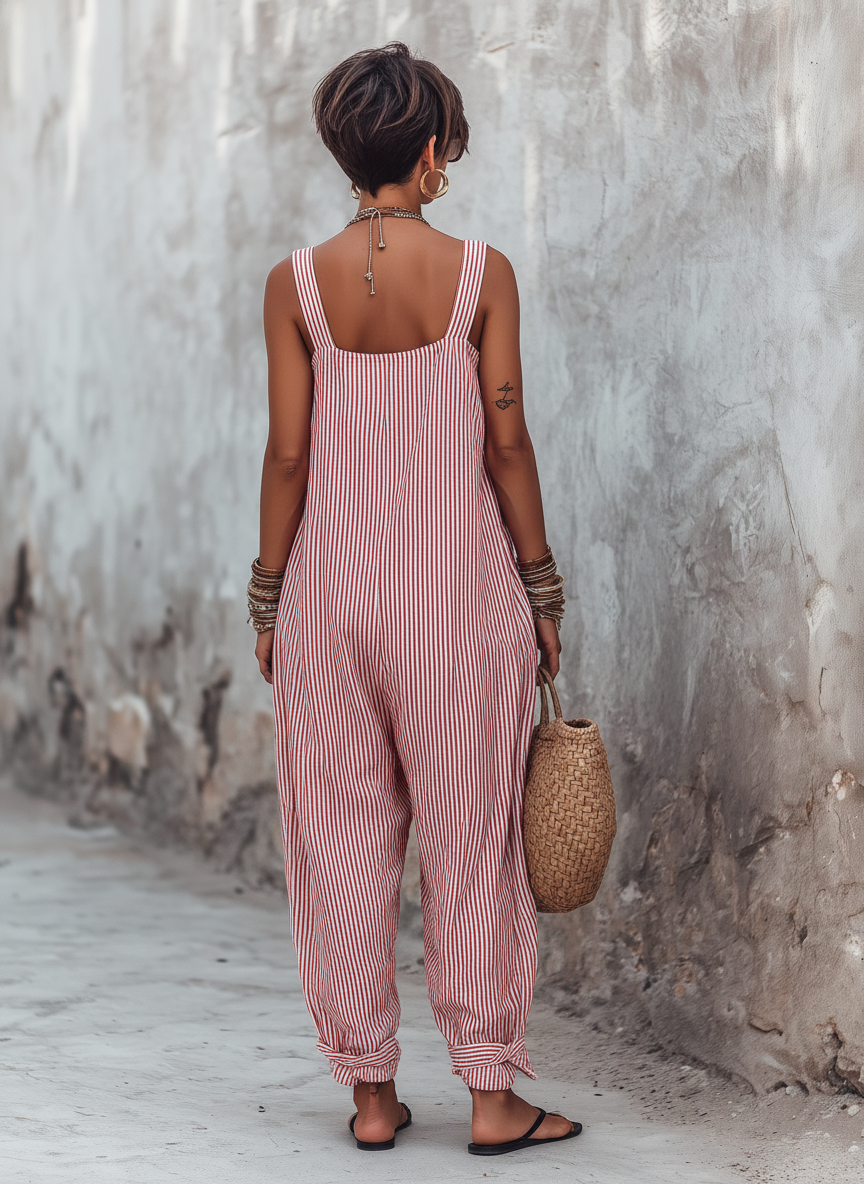 Women's Minimalist Striped Loose-Fit Square-Neck Sleeveless Jumpsuit MDZ1052D7Y