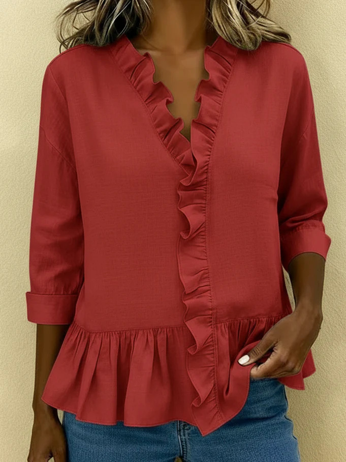 Ruffled Blouse V Neck Lace